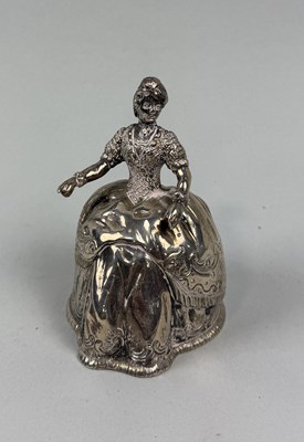 Lot 100 - A 925 GERMAN SILVER NOVELTY BELL IN THE FORM OF A LADY, MARKED T. F. & SON