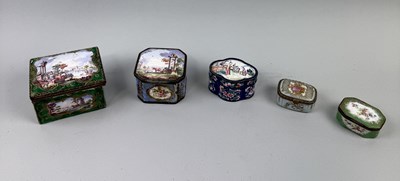 Lot 88 - A GROUP OF FIVE ENAMELLED BOXES PAINTED WITH SCENES TO INCLUDE LANDSCAPE AND CHINESE CANTON