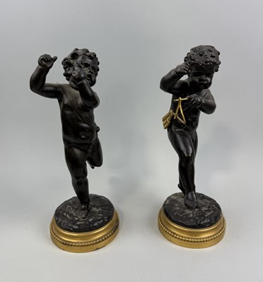 Lot 280 - ATTRIBUTED TO JEAN MICHEL CLODION: A PAIR OF BRONZE SCULPTURES OF CUPID, MOUNTED IN GILT BASES