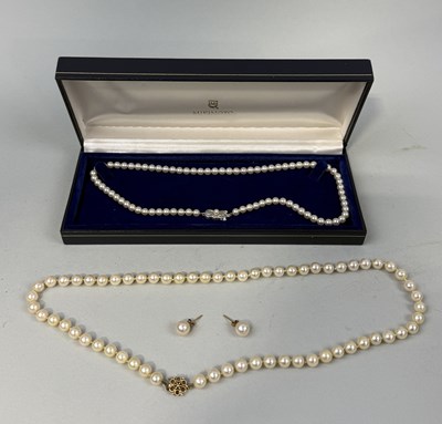 Lot 151 - A STRING OF MIKIMOTO PEARLS ALONG WITH A PEARL NECKLACE AND EARRINGS SET WITH 9CT GOLD CLASP