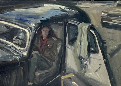 Lot 778 - HOWARD J MORGAN (BRITISH 1949-2020): AN OIL PAINTING ON CANVAS DEPICTING A LADY IN A CAR