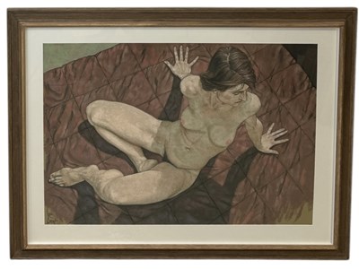 Lot 725 - BOB LAST (BRITISH, 1932-2020): A PASTEL WORK OF A RECLINING FEMALE NUDE, TITLED 'POINT OF VIEW'