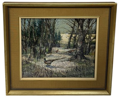 Lot 587 - VALERIE FRASER, R. S. W. (SCOTTISH, B. 1933): AN OIL PAINTING ON BOARD DEPICTING A PHEASANT IN WINTER WOODLAND