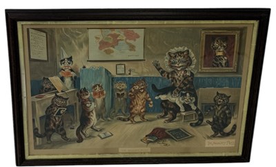 Lot 735 - AFTER LOUIS WAIN (BRITISH, 1860 - 1939): A COLOUR LITHOGRAPH TITLED 'THE NAUGHTY PUSS'