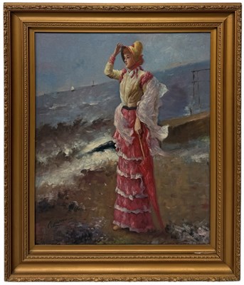 Lot 588 - C. LAWRENCE: AN OIL PAINTING ON CANVAS DEPICTING A VICTORIAN LADY WITH PARASOL LOOKING OUT TO SEA