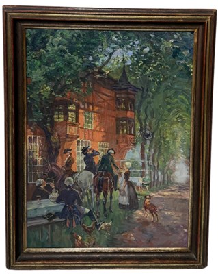 Lot 586 - ALOIS WIERER (CZECH, 1878-1945): AN OIL PAINTING ON BOARD TITLED 'THE HUNT MEET'