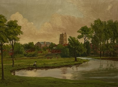 Lot 579 - F. G. PIMM (EARLY 20TH CENTURY): AN OIL PAINTING ON CANVAS DEPICTING A RIVER SCENE WITH CHURCH AND VILLAGE BEYOND