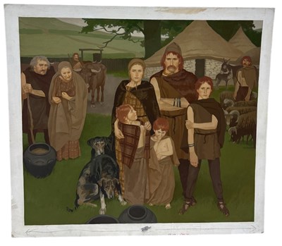 Lot 503 - MICHAEL LEONARD (BRITISH 1933-2023): AN OIL PAINTING ON BOARD 'IRON AGE FAMILY PORTRAIT' FOR THE SUNDAY TIMES