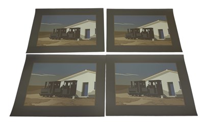 Lot 516 - MICHAEL LEONARD (BRITISH 1933-2023): A SET OF FOUR SIGNED ARTIST PROOF SCREENPRINTS DEPICTING A TRAIN IN FRONT OF A HOUSE