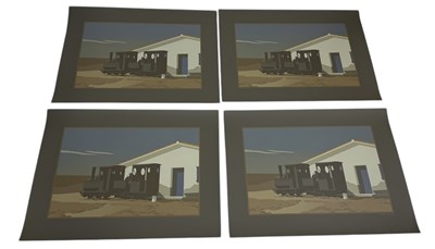 Lot 517 - MICHAEL LEONARD (BRITISH 1933-2023): A SET OF FOUR SIGNED ARTIST PROOF SCREENPRINTS DEPICTING A TRAIN IN FRONT OF A HOUSE