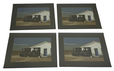 Lot 518 - MICHAEL LEONARD (BRITISH 1933-2023): A SET OF FOUR ARTIST PROOF SCREENPRINTS DEPICTING A TRAIN IN FRONT OF A HOUSE