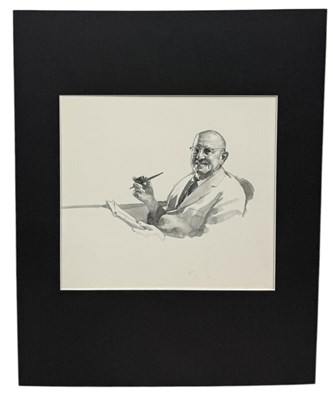 Lot 537 - MICHAEL LEONARD (1933-2023): A PAINTING DEPICTING P.G. WODEHOUSE (1881-1975)