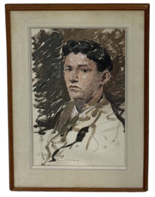 Lot 552 - BERNARD ADAMS (1884-1965) AN OIL PAINTING ON PAPER DEPICTING A PORTRAIT OF MICHAEL LEONARD (1933-2023)