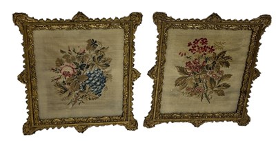 Lot 530 - A PAIR OF 19TH CENTURY NEEDLEWORK EMBROIDERED FOLIATE PANELS MOUNTED IN GILT WOOD FRAMES