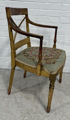 Lot 874 - A REGENCY GILT WOOD ARMCHAIR WITH X FRAME BACK AND NEEDLEPOINT SEAT