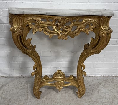 Lot 867 - A 19TH CENTURY FRENCH GILT WOOD CONSOLE TABLE WITH WHITE MARBLE TOP