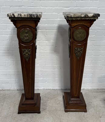 Lot 870 - A PAIR OF EARLY 20TH CENTURY FRENCH TORCHERES WITH MARBLE TOPS