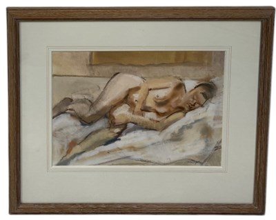 Lot 551 - A PASTEL DRAWING ON PAPER DEPICTING A RECLINING NUDE