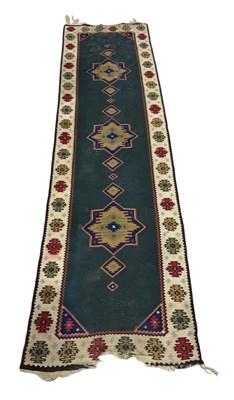 Lot 992 - TWO KILIM CARPETS ALONG WITH A PAINTED LINEN FRAGMENT WITH A COCKEREL