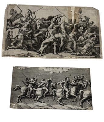 Lot 756 - TWO OLD MASTER ENGRAVINGS: TO INCLUDE DIANA SCULTORI 'A PROCESSION OF ROMAN HORSEMEN'