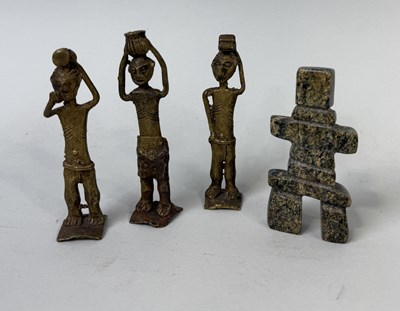 Lot 991 - AN INUIT SCULPTURE OF A FIGURE ALONG WITH THREE INDIAN BRONZES