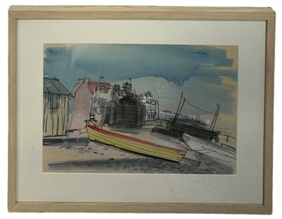 Lot 885 - A WATERCOLOUR PAINTING WITH PENCIL AND CHARCOAL DEPICTING A BOAT AT LOW TIDE