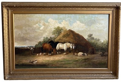 Lot 590B - J.MORRIS (BRITISH, 19TH CENTURY): AN OIL PAINTING ON CANVAS DEPICTING HORSES ON A FARM