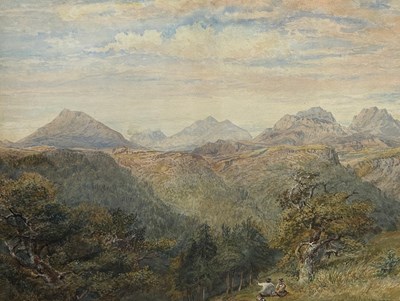 Lot 563A - A LARGE TOPOGRAPHICAL WATERCOLOUR PAINTING ON PAPER DEPICTING FIGURES SITTING ON A HILLSIDE WITH MOUNTAINS IN THE DISTANCE