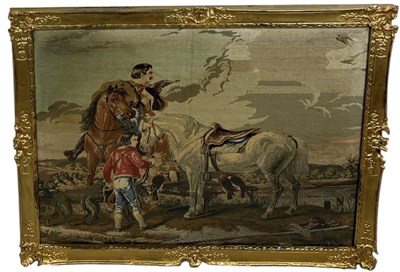 Lot 563B - A LARGE 19TH CENTURY EMBROIDERY DEPICTING A FATHER AND SON HUNTING WITH HAWKS