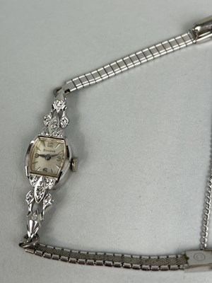 Lot 172F - A 14CT WHITE GOLD BULOVA LADIES WRISTWATCH