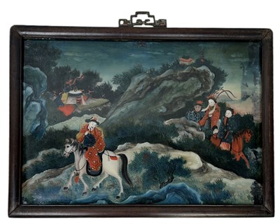 Lot 198A - A CHINESE EXPORT REVERSE GLASS PAINTING DEPICTING HORSES AND RIDERS