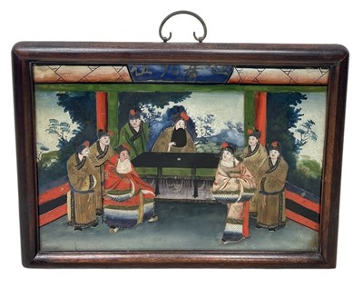 Lot 198B - A CHINESE EXPORT REVERSE GLASS PAINTING DEPICTING FIGURES IN COURT DRESS