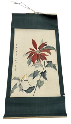 Lot 759A - A CHINESE PAINTING ON SCROLL DEPICTING A BIRD ON A BRANCH WITH A RED FLOWER