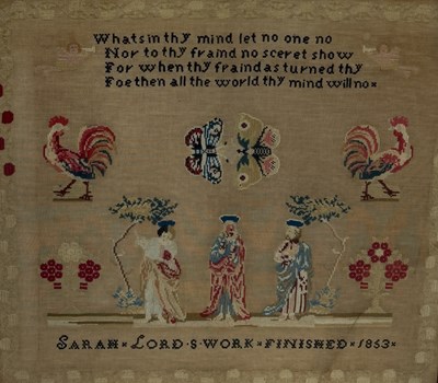 Lot 823 - A 19TH CENTURY EMBROIDERED SAMPLER