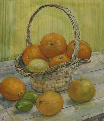 Lot 632 - AMERICAN SCHOOL: A LARGE WATERCOLOUR PAINTING ON PAPER DEPICTING A STILL LIFE WITH ORANGES