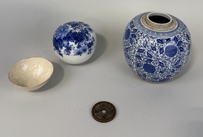 Lot 185 - THREE CHINESE CERAMICS ALONG WITH BRONZE CURRENCY