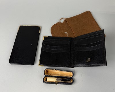 Lot 187 - A DUNHILL BLACK LEATHER WALLET ALONG WITH AN ORLIK ROLLED GOLD MOUNTED HOLDER AND A CHINESE PIPE WITH SILVER MOUNT