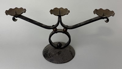 Lot 406 - A BRONZE AND METAL THREE ARM PRICKET CANDLESTICK