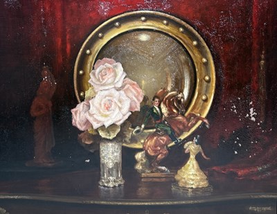 Lot 567 - HENRY JOHN DYKMAN (SOUTH AFRICAN 1893-1972): AN OIL PAINTING ON CANVAS DEPICTING A STILL LIFE WITH REGENCY MIRROR