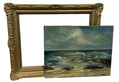 Lot 584 - RALPH DYKMAN: A LARGE OIL PAINTING ON BOARD DEPICTING A BEACH SCENE