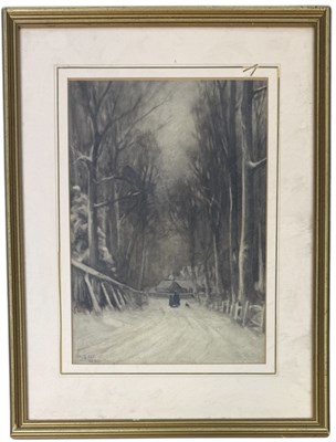 Lot 605 - A LATE 19TH CENTURY WATERCOLOUR PAINTING ON PAPER DEPICTING A SNOWY FOREST PATH WITH FIGURES