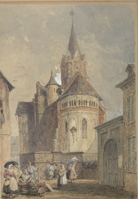 Lot 623 - A 19TH CENTURY WATERCOLOUR PAINTING ON PAPER DEPICTING A VILLAGE SCENE WITH A CHURCH