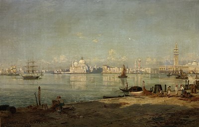 Lot 754 - CHRISTIAN JOHANNES WILBERG (GERMAN 1839-1882): AN OIL PAINTING ON CANVAS DEPICTING A VENETIAN SCENE