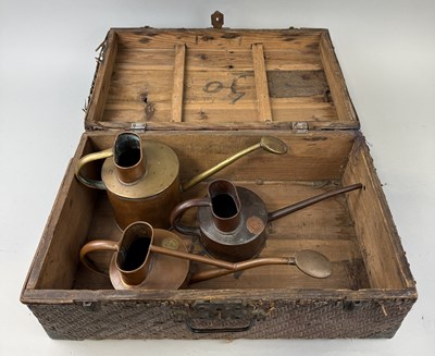 Lot 871 - THREE VICTORIAN BRASS WATERING CANS IN WICKER BOX