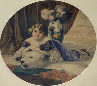 Lot 600 - RICHARD GEIGER (AUSTRIAN, 1870 -1945): A CIRCULAR WATERCOLOUR PAINTING DEPICTING A RECLINING LADY ON A POLAR BEAR RUG