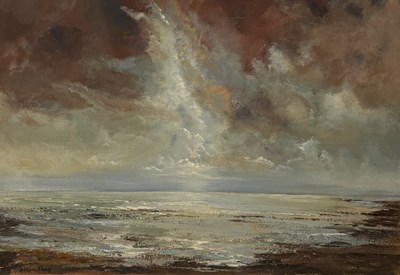 Lot 569 - AN OIL PAINTING ON CANVAS LAID ON BOARD, DEPICTING A BRITISH-SCHOOL SKY AND SHORE SCENE