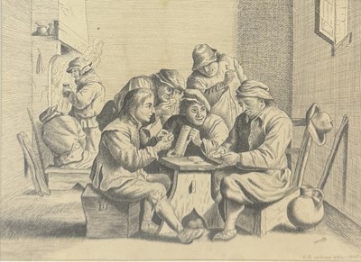 Lot 673 - A 19TH CENTURY PEN AND INK DRAWING DEPICTING A TAVERN SCENE, TITLED 'CALAMO DELIN'