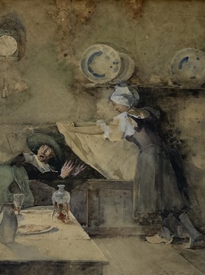 Lot 666 - A 19TH CENTURY DUTCH SCHOOL WATERCOLOUR TITLED 'CAUGHT'