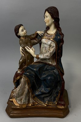 Lot 381 - A LARGE ARTESANIA MONJAS DOMINCAS POTTERY FIGURED DEPICTING A MOTHER AND CHILD IN GILDED ROBES