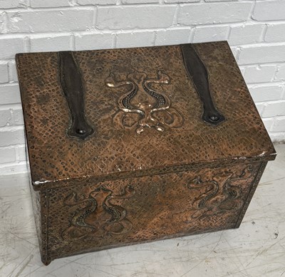 Lot 782 - A LARGE ARTS & CRAFTS COPPER COVERED LOG BOX, DECORATED IN HIGH RELIEF WITH FLORAL DESIGNS